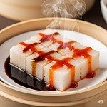 蒸蘿蔔糕配甜醬與辣椒醬